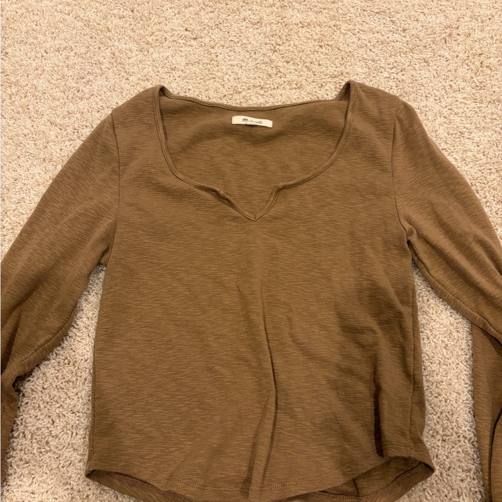 Madewell Olive Green Long Sleeve Scoop V-Notch Tee